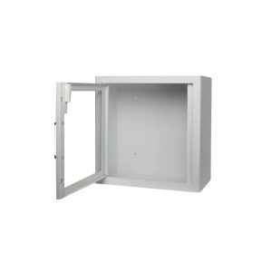 Open metalen kast zonder inhoud, met deur open.