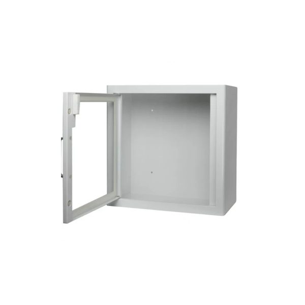 Open metalen kast zonder inhoud, met deur open.