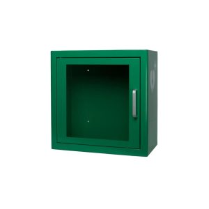 Groene kast voor defibrillator, voor wandmontage.