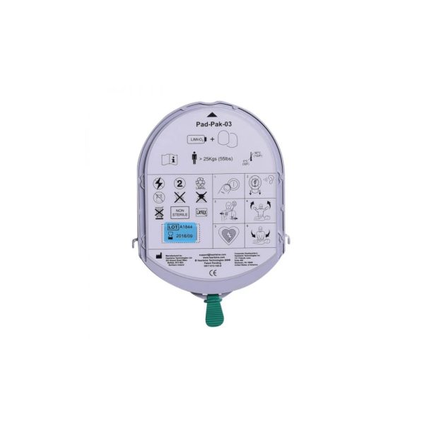 Defibrillator Pad-Pak met instructies en waarschuwingen.