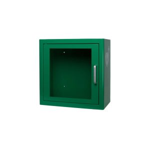 Groene AED-kast met deur en handvat.
