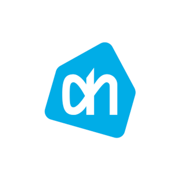 Albert Heijn logo in blauw op wit achtergrond.
