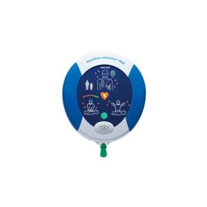 Draagbare AED-defibrillator met pictogrammen voor hartveiligheid.