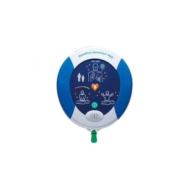 Draagbare AED-defibrillator met pictogrammen voor hartveiligheid.