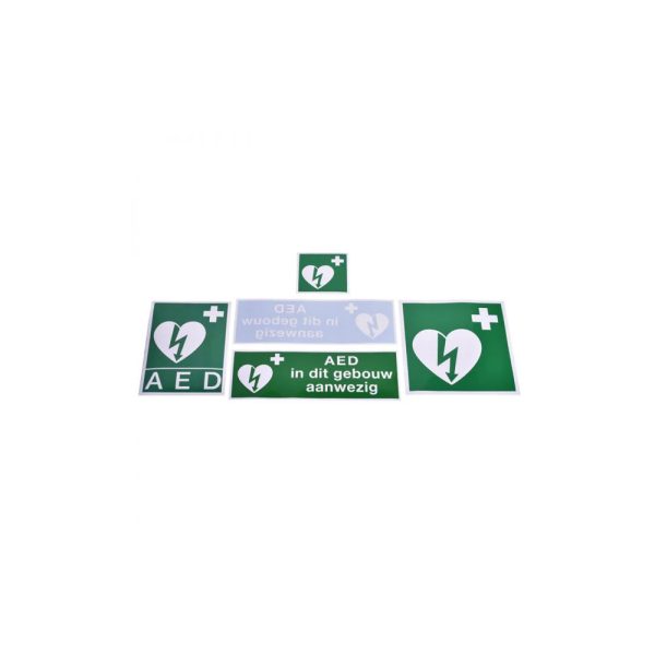 AED-bordjes, aanwezig in gebouw, groen en wit