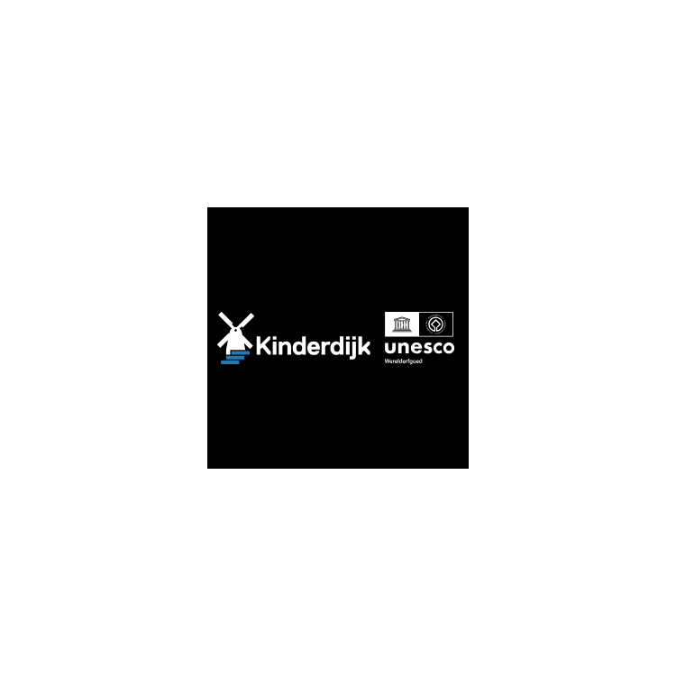 Kinderdijk UNESCO Werelderfgoed logo op zwarte achtergrond.