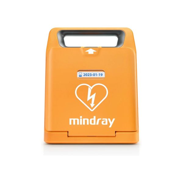 Oranje defibrillator met hart- en bliksemicoon.