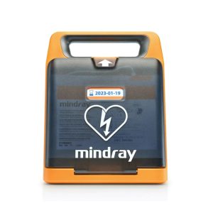 Oranje defibrillator met datumsticker 2023-01-19