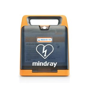 Mindray AED defibrillator met hart en bliksempictogram.